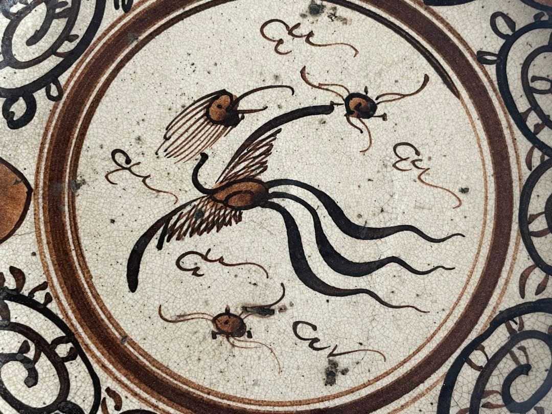 骨董　アンティーク　絵瀬戸　絵志野　鳳凰唐草文様　行燈皿　丸皿　石皿　瀬戸