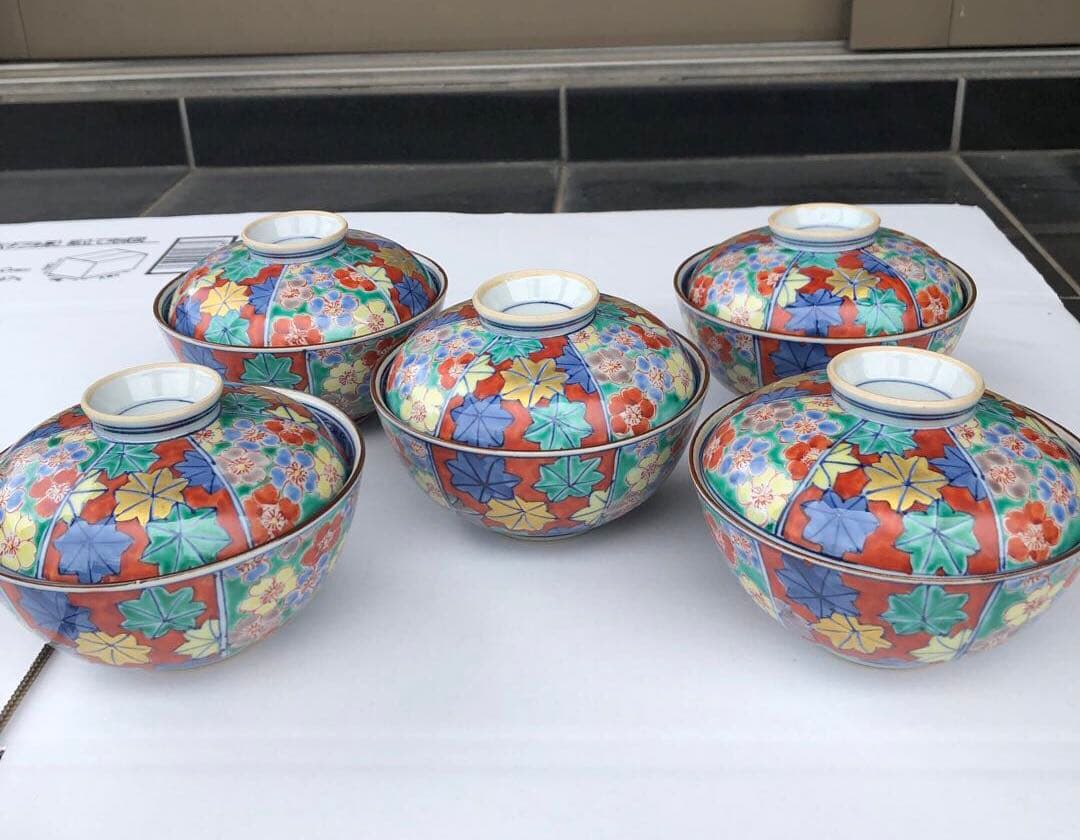 21. 京焼　雲泉造（2代目）彩色雲錦　蓋向付5客揃