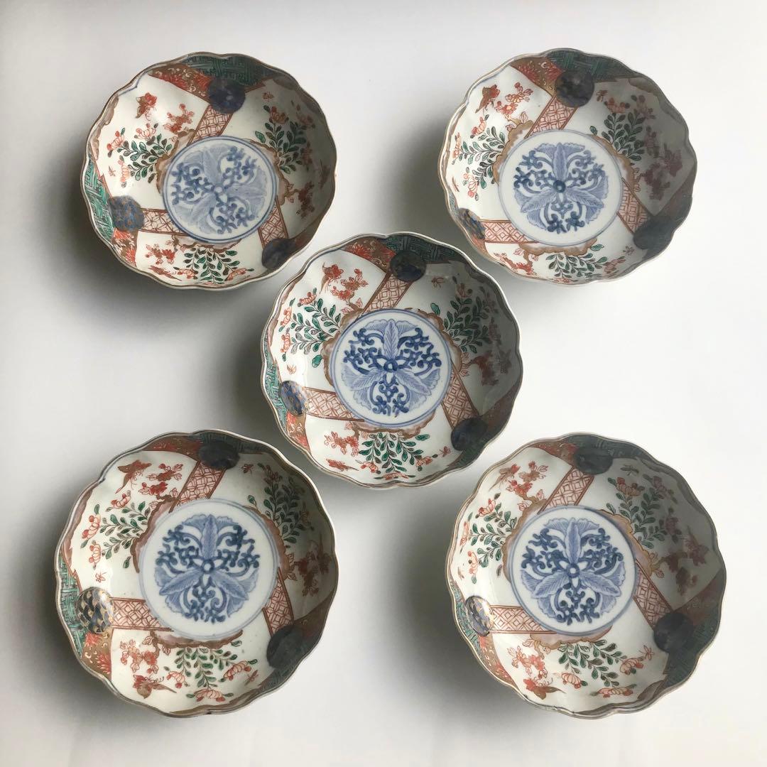 幕末〜明治期　伊万里　染錦　花蝶文　輪花なます皿×5客セット