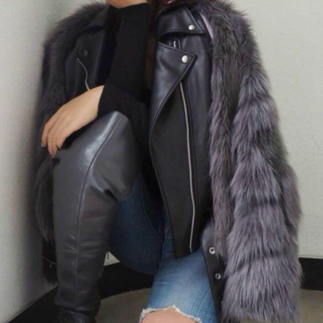 GYDA レイヤード ファーライダース ジャケット グレー