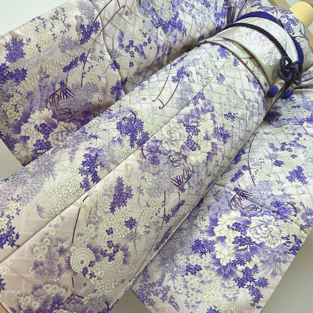 443 振袖フルセット 正絹 薄紫 金彩 総柄 小紋 レトロ フェミニン 上品