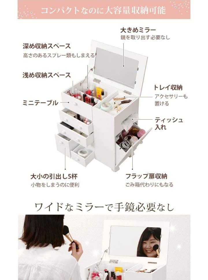 萩原 コスメワゴン 鏡台 コスメボックス ドレッサー ホワイト つ83