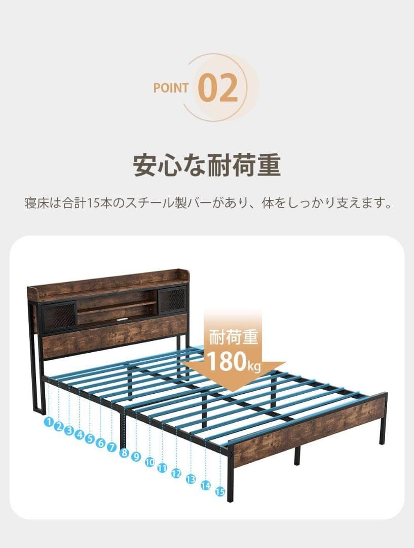 大人気！D ベッドフレームダブルベッド パイプベッド コンセント付き BLACK