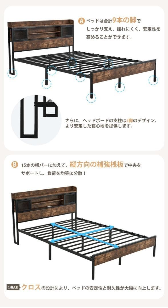 大人気！D ベッドフレームダブルベッド パイプベッド コンセント付き BLACK