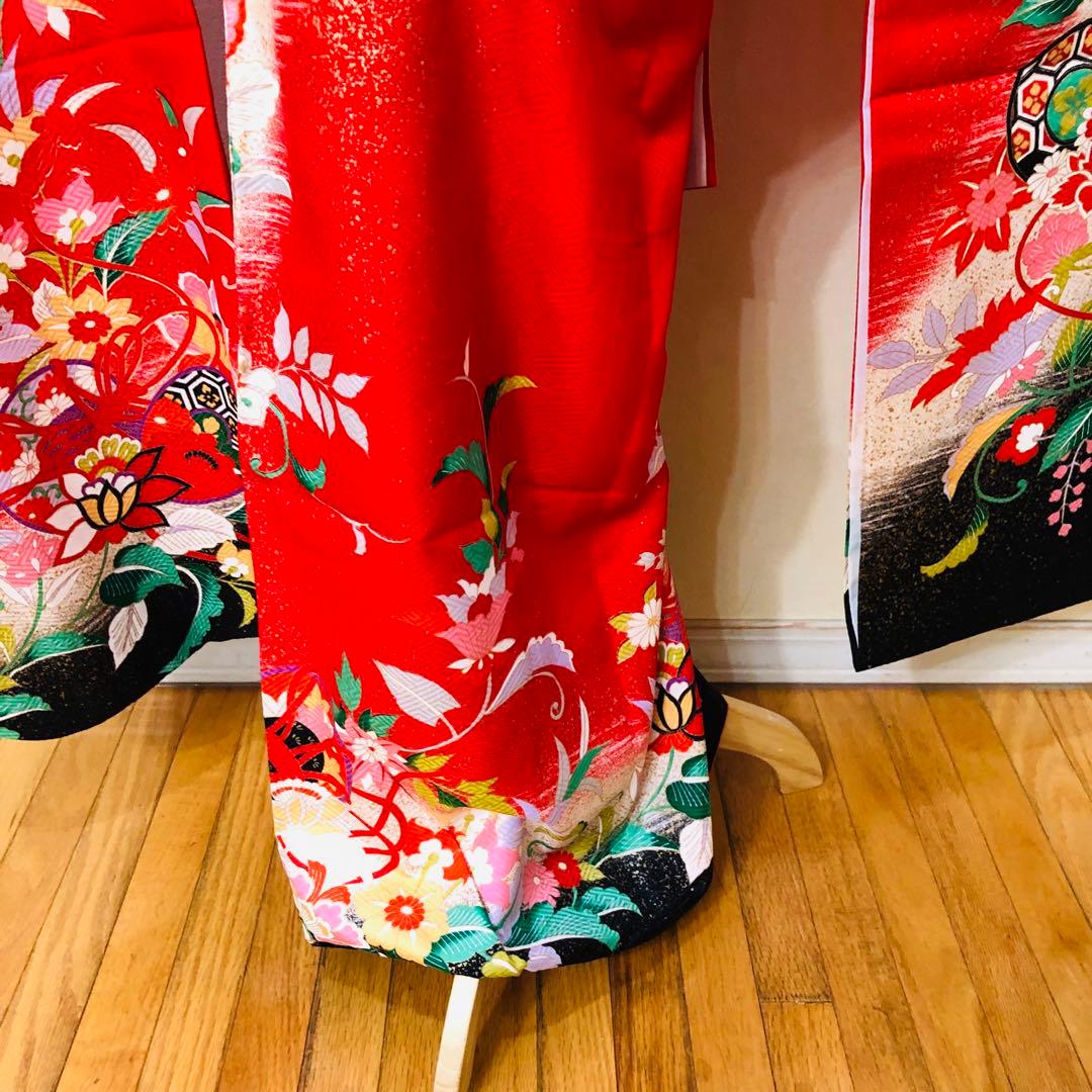 七五三 七歳‼️豪華正絹赤×黒ラメキラキラ‼️手毬熨斗金彩煌びやか際立つフルセット