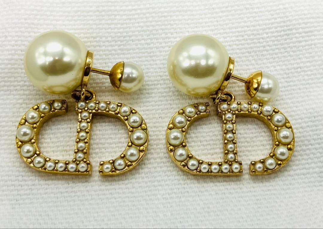 DIOR ディオール トライバル ラインストーン ロゴ ピアス ゴールド パール