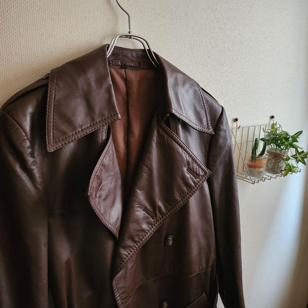 S*A様 b10 良品 本革レザー ロング トレンチコート 茶/M