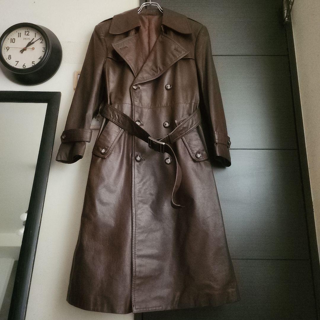 S*A様 b10 良品 本革レザー ロング トレンチコート 茶/M