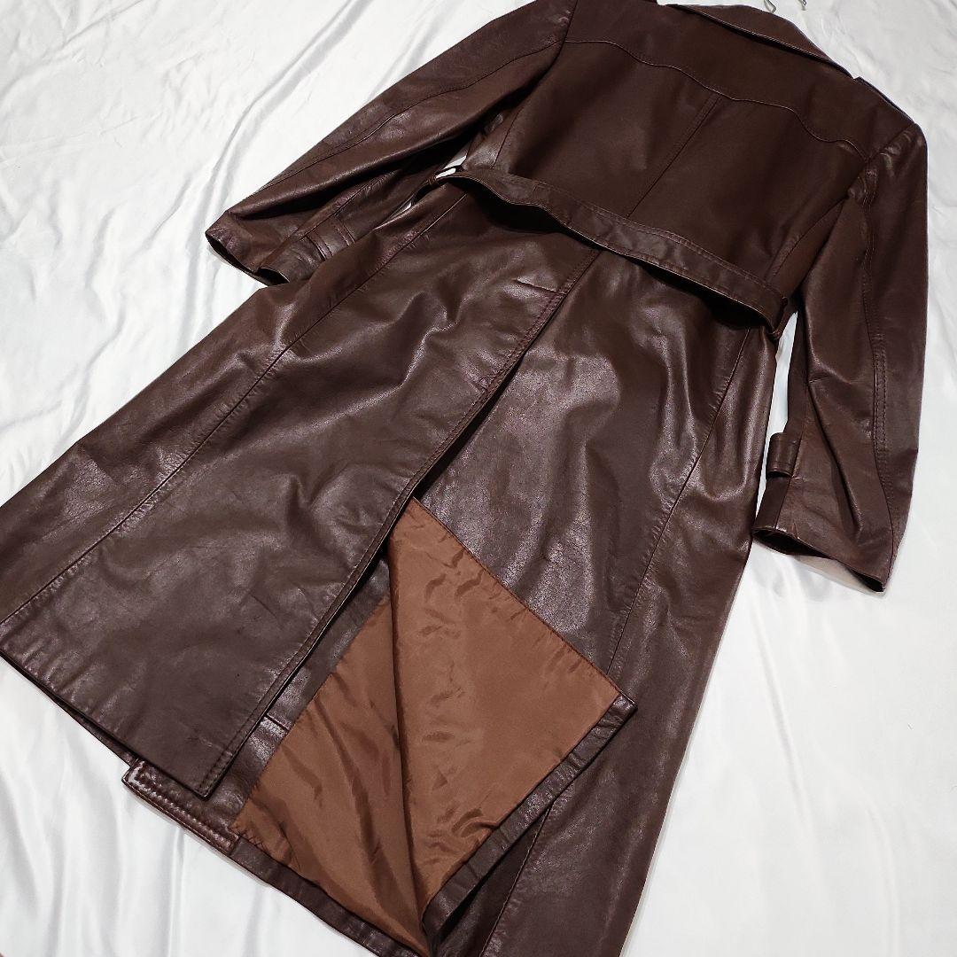 S*A様 b10 良品 本革レザー ロング トレンチコート 茶/M