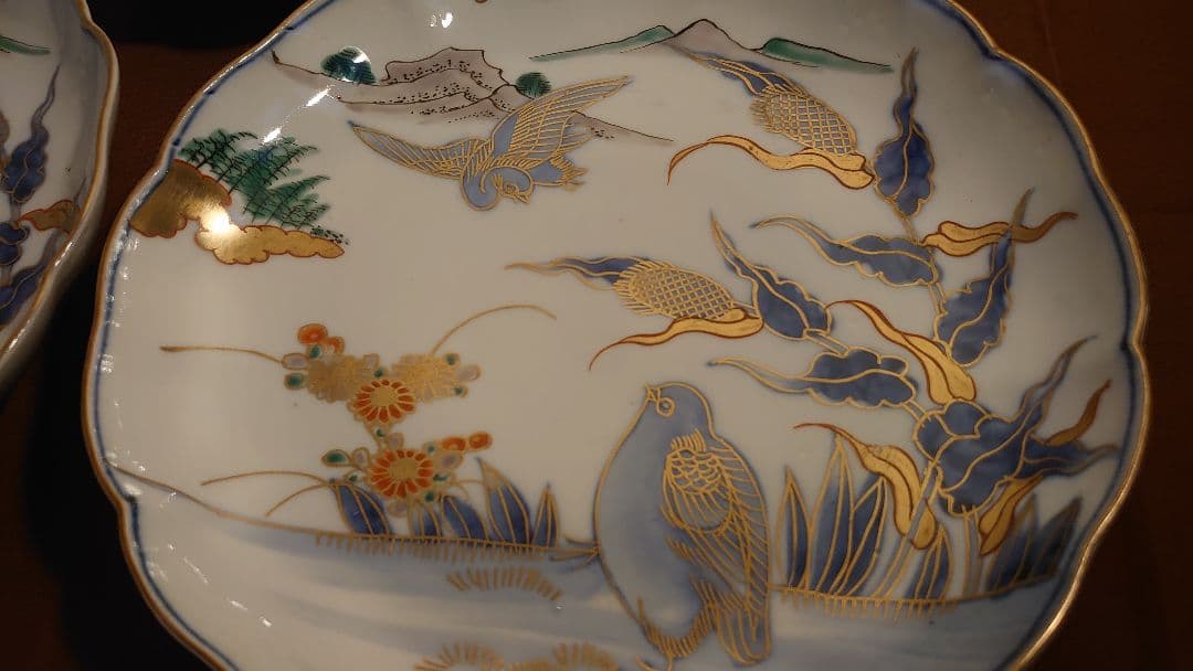 古伊万里　伊万里　大聖寺伊万里　大皿　金襴手　鳥の図　江戸期　3客