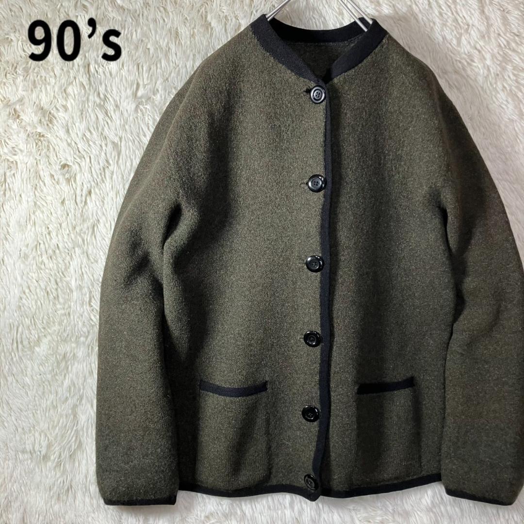 美品 90s チロリアンジャケット ノーカラー ツイード グリーン 緑