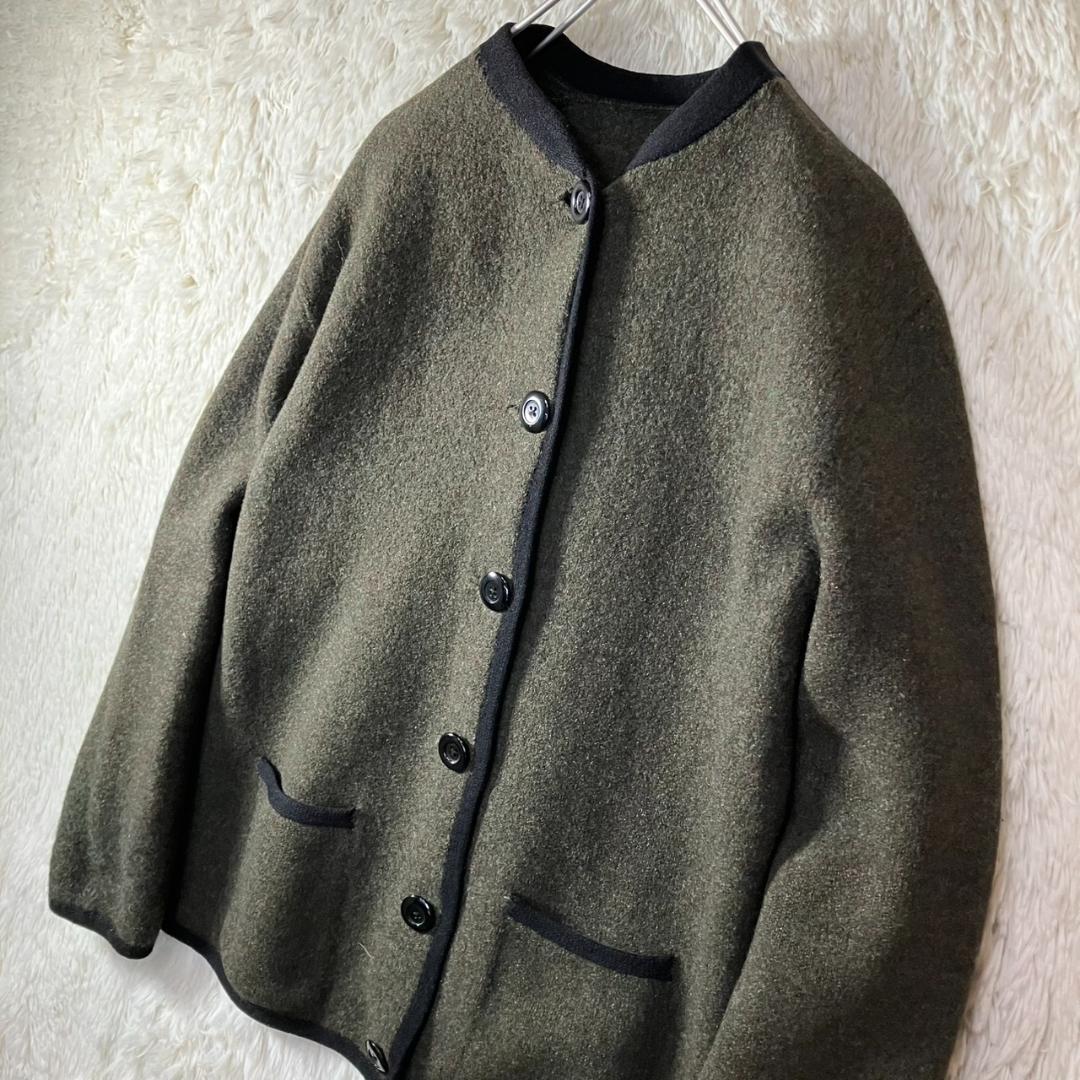 美品 90s チロリアンジャケット ノーカラー ツイード グリーン 緑