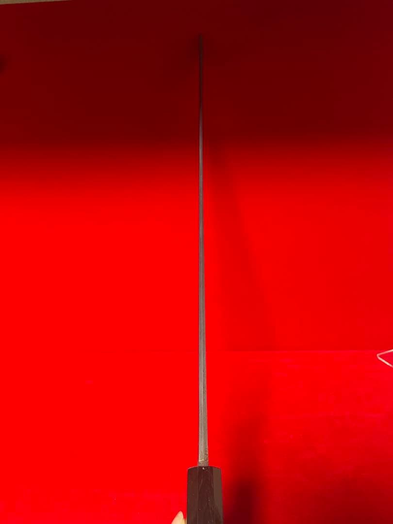 No.01352 包丁　マグロ包丁　先丸型　玉鋼製　燃え盛刃文　墨流　未使用品