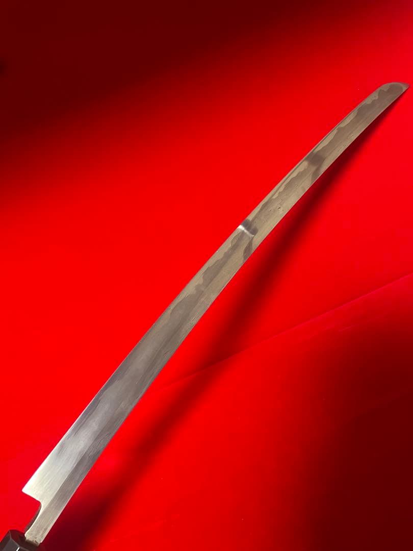 No.01352 包丁　マグロ包丁　先丸型　玉鋼製　燃え盛刃文　墨流　未使用品