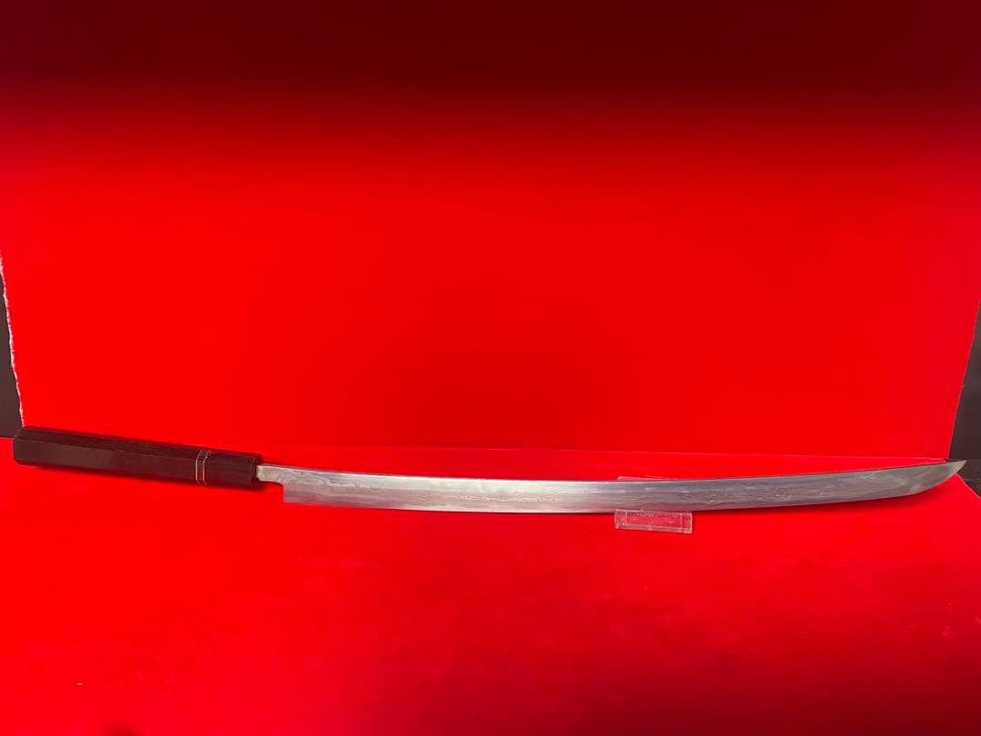 No.01352 包丁　マグロ包丁　先丸型　玉鋼製　燃え盛刃文　墨流　未使用品