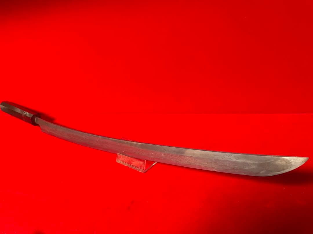 No.01352 包丁　マグロ包丁　先丸型　玉鋼製　燃え盛刃文　墨流　未使用品