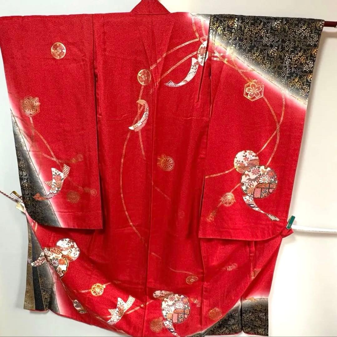 七五三　7才　お嬢様　金彩雪輪図　振袖　晴れ着　長襦袢付　美品　正絹えんじ赤