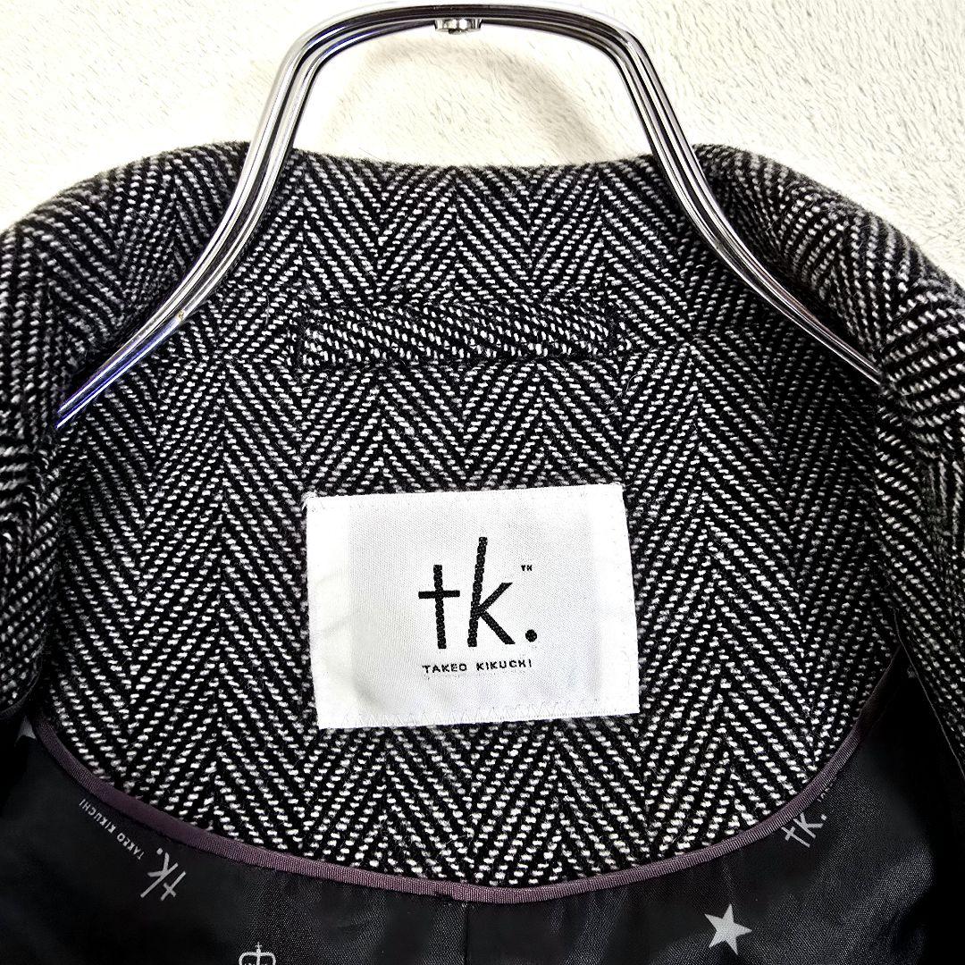 極美品 タケオキクチ ダブルチェスターコート ヘリンボーン ロゴ総柄 グレー