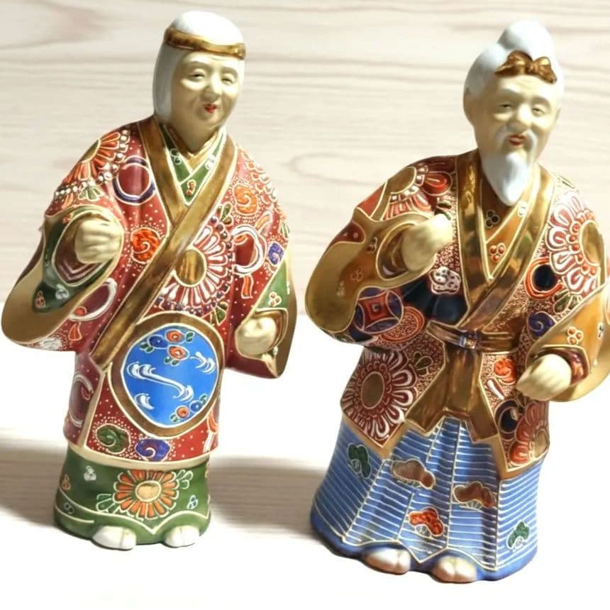 【特大26cm】九谷焼 高砂人形 一対 菊仙銘 色絵金彩 夫婦円満 長寿 縁起物