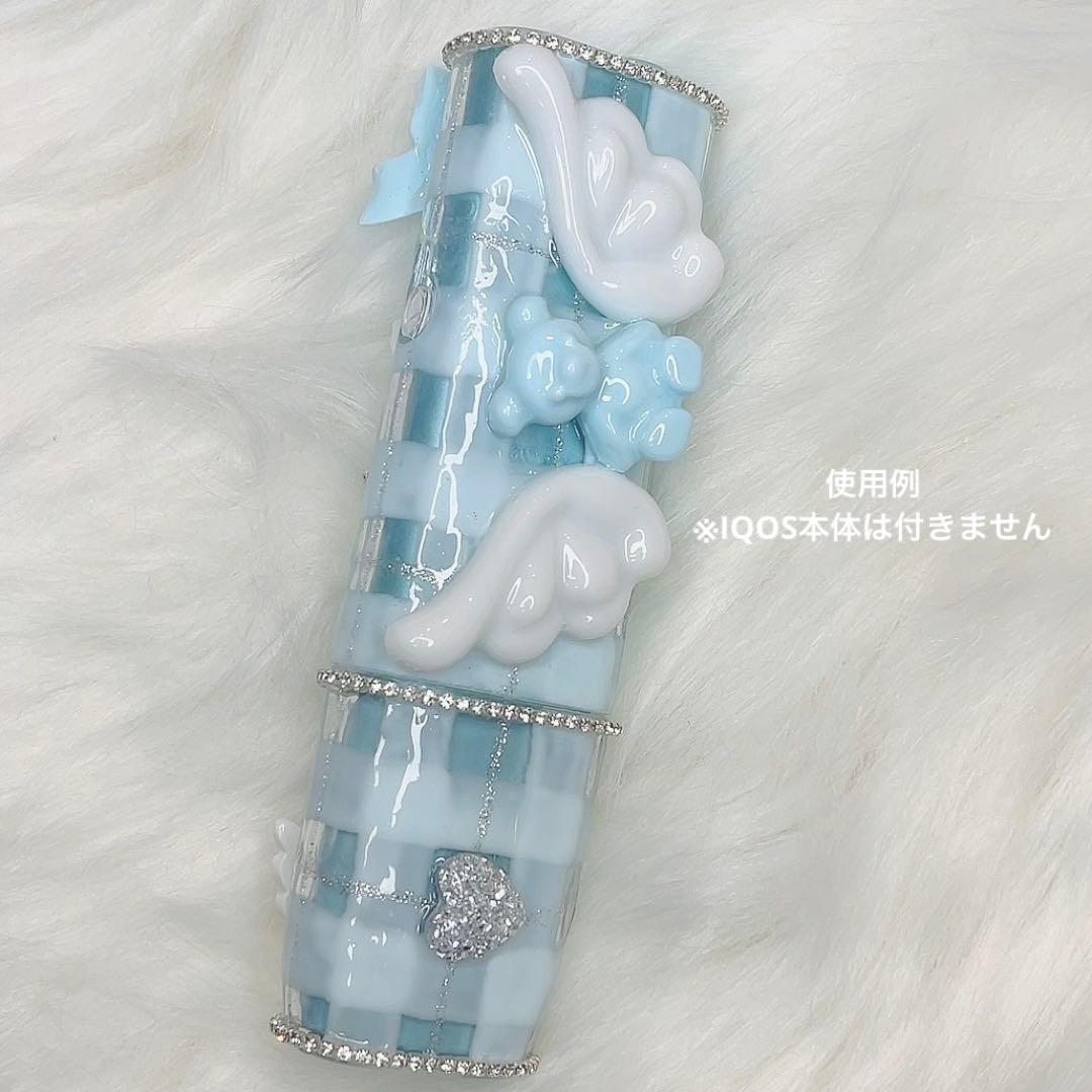 IQOSケースデコ　アイコスイルマケースデコ　水色　チェック柄　夢かわ　天使界隈