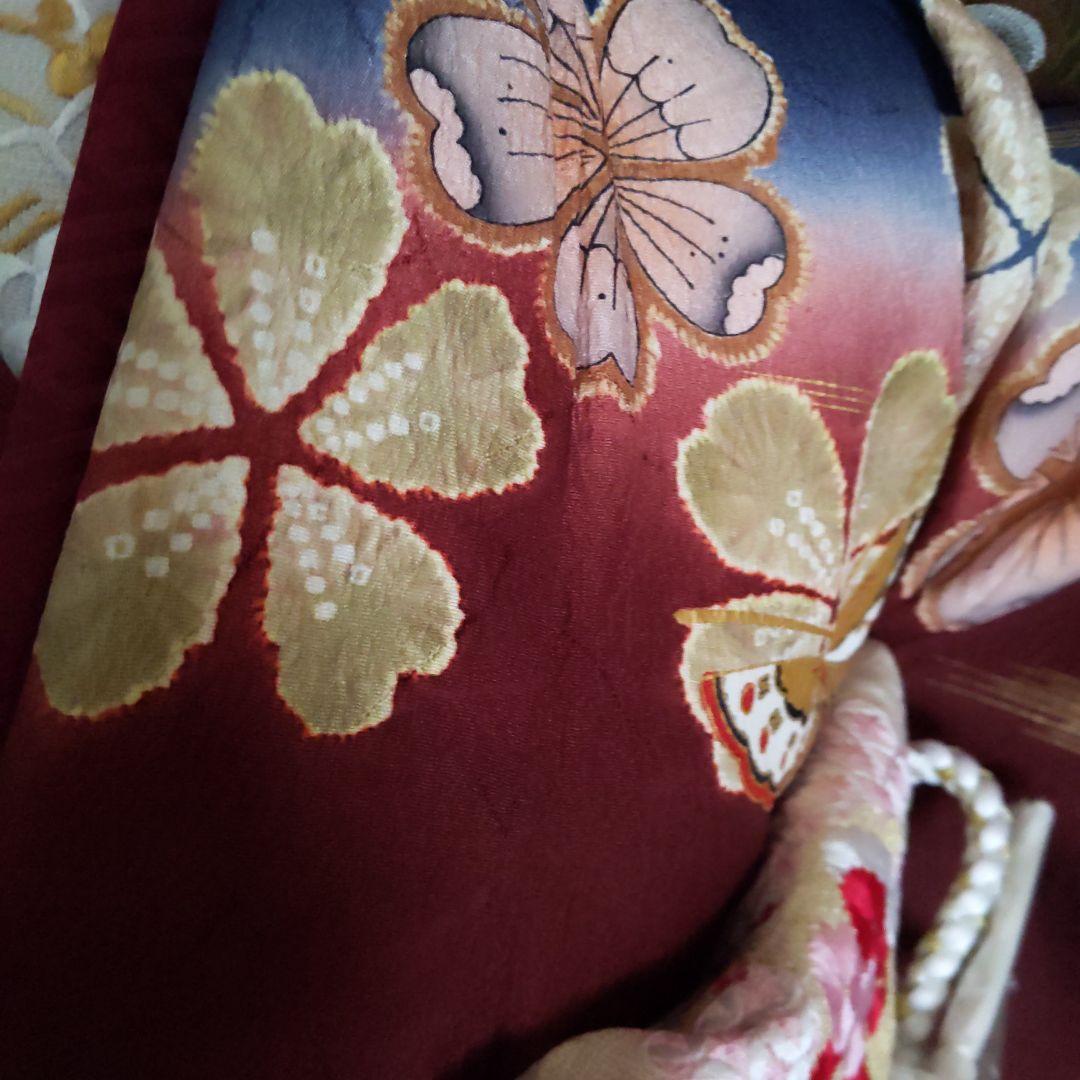 351華やぎ【最終価格】【桜蝶　紺色×ワイン色】【振袖6点フルセット】卒業謝恩会