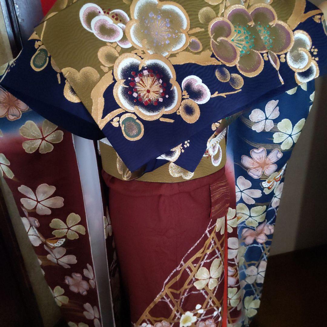 351華やぎ【最終価格】【桜蝶　紺色×ワイン色】【振袖6点フルセット】卒業謝恩会