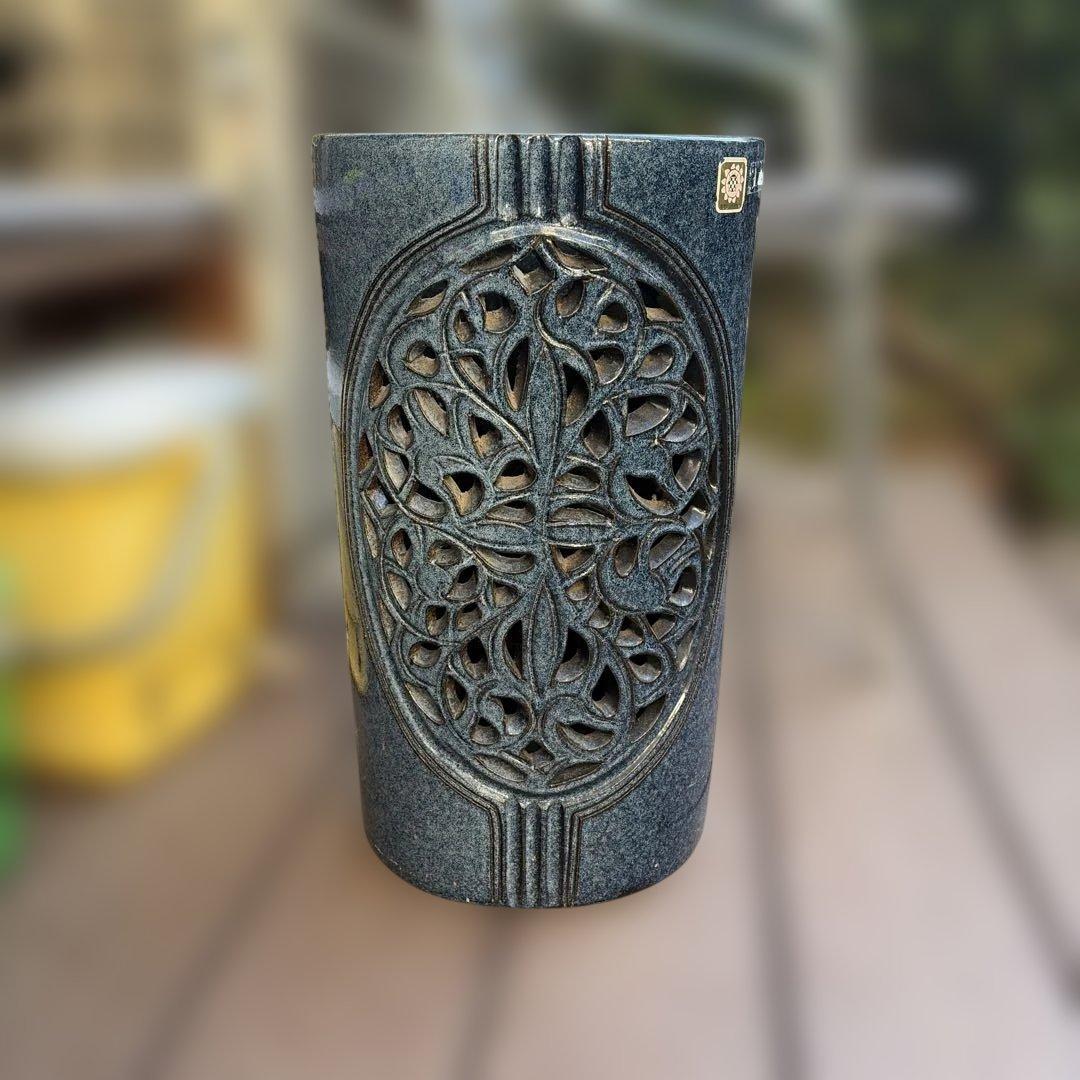 昭和レトロ 信楽焼 大型 陶器製 楕円形 焼き物 傘立て ブルー網目陶器製傘立て