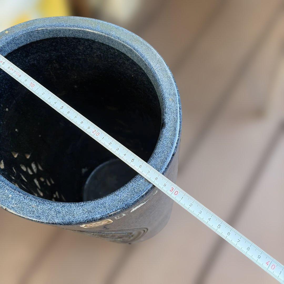 昭和レトロ 信楽焼 大型 陶器製 楕円形 焼き物 傘立て ブルー網目陶器製傘立て