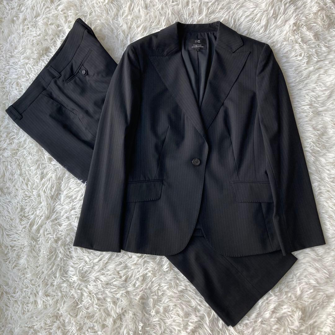 【特大】 23区 イタリア製生地 ストライプパンツスーツ セットアップ 黒 48