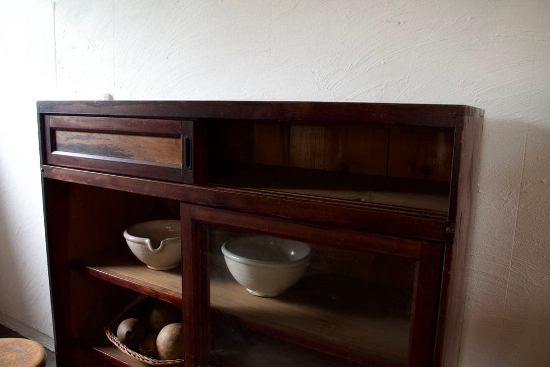木製ガラス棚　食器棚　古道具　アンティーク