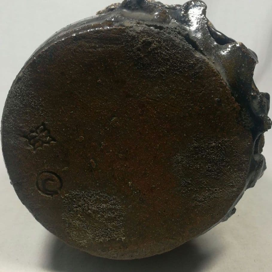 陶印あり　古上野焼　貼花　花入　花器