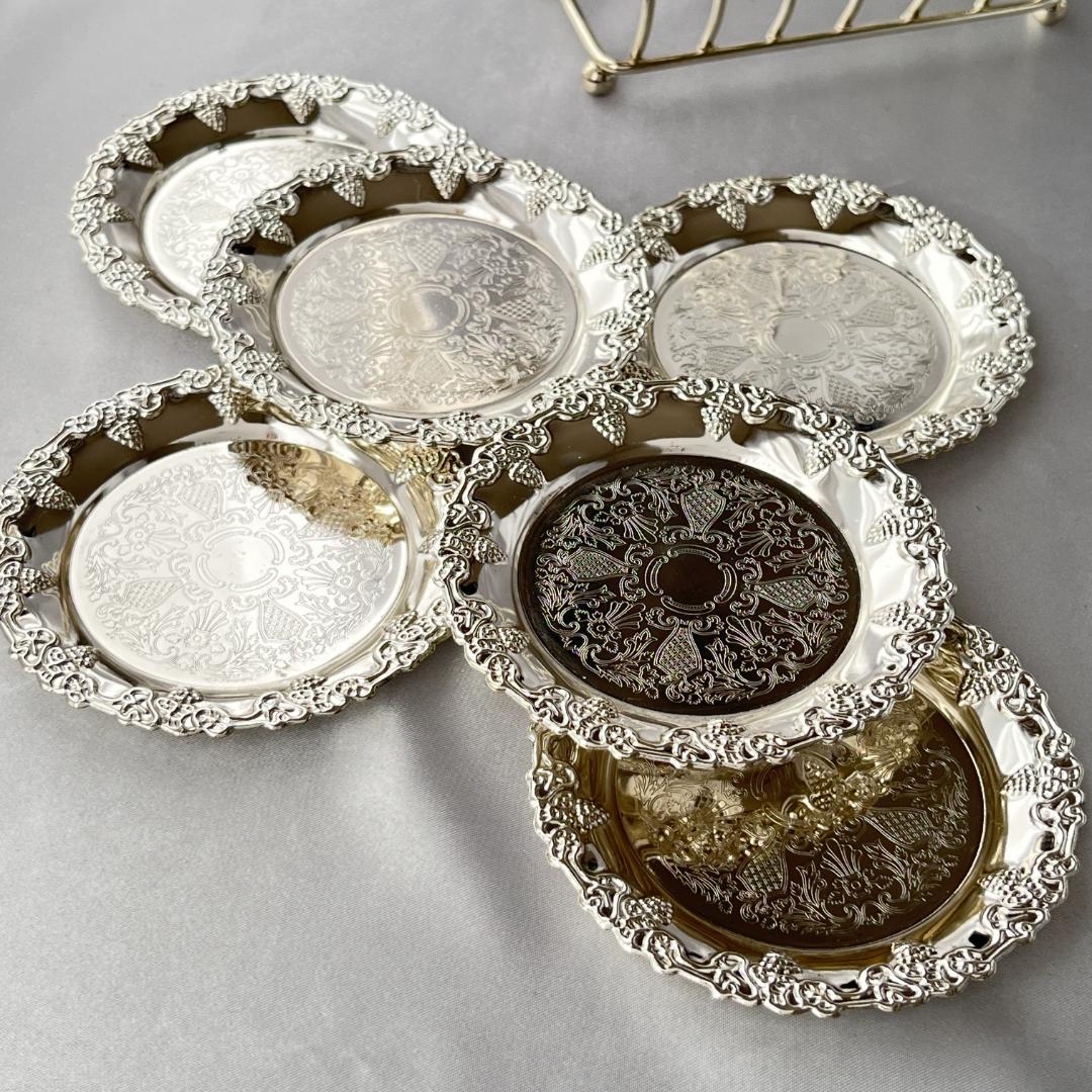 【英国】 葡萄のコースター 6枚 スタンド【シルバープレート】