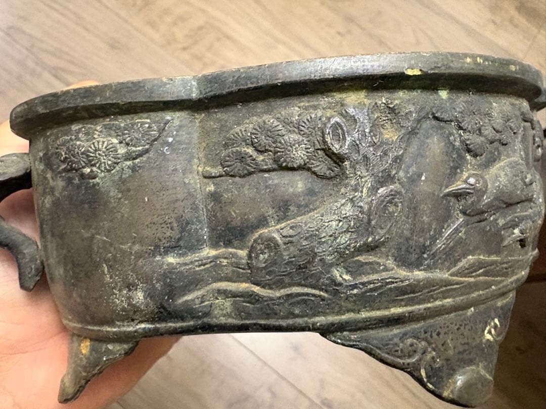 銅器　小振り　水盤　砂鉢　華道　花器　煎茶道具　茶室　花鳥図 古銅製 時代物