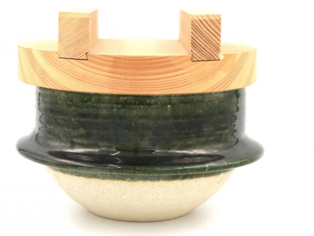 再値下げ　新品　圡楽窯　織部 ご飯釜　木蓋付　7寸　4～5合炊　伊賀焼　土楽