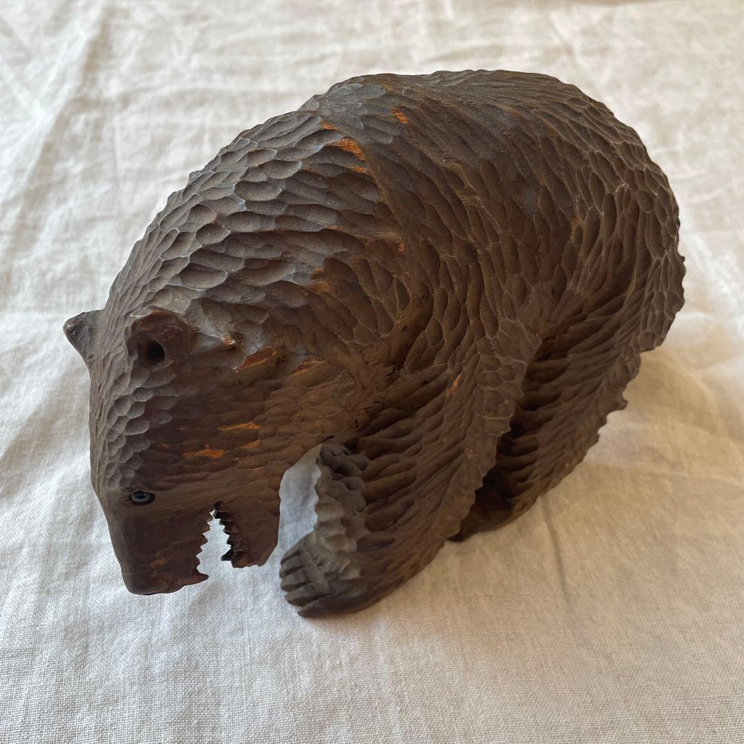 ビンテージ　木彫り　熊　ダークブラウン　ガラス目　作家　アンティーク