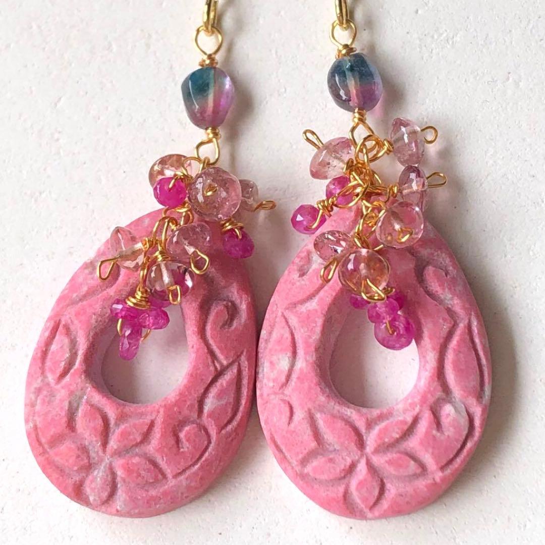 天然石☆プルメリア&スクロールカービングのピアス14kgf