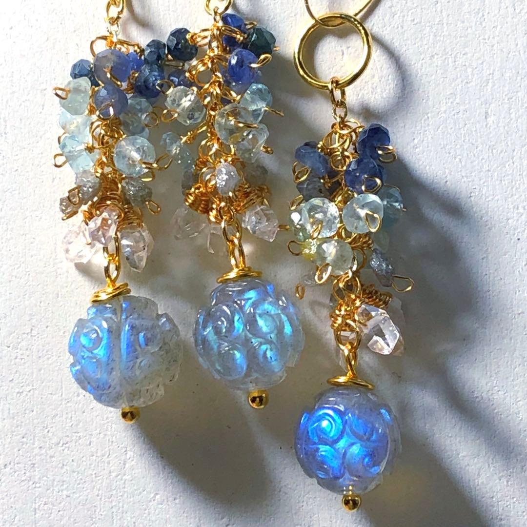 天然石☆プルメリア&スクロールカービングのピアス14kgf