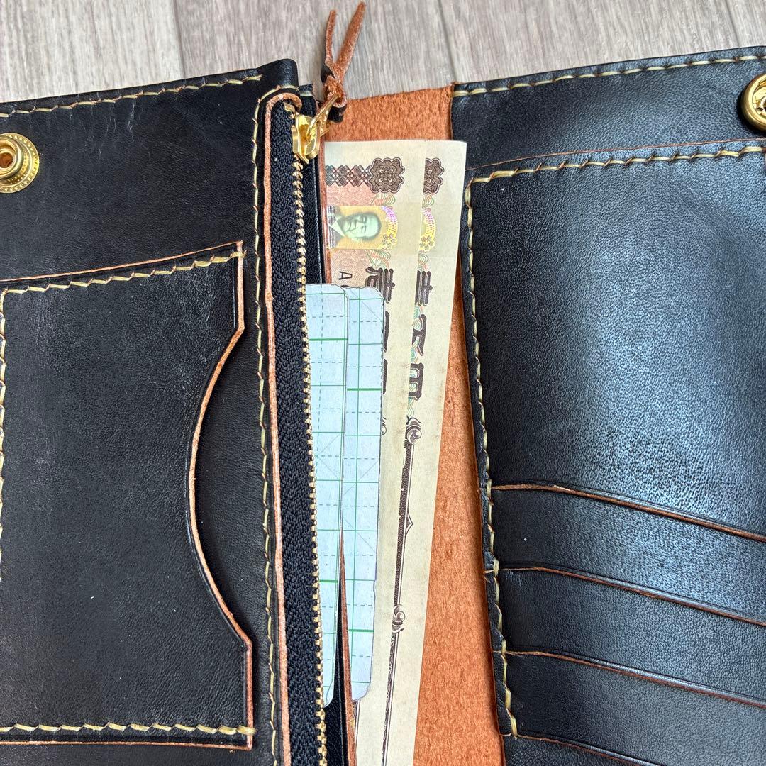 【茶芯ブラック】トラッカーウォレット　ロング　真鍮　三層