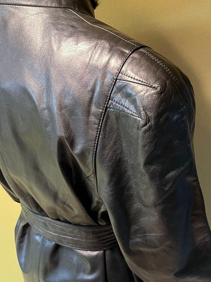 ミンク襟付 牛革スタンドカラー衿ロングコート（カーフレザー）