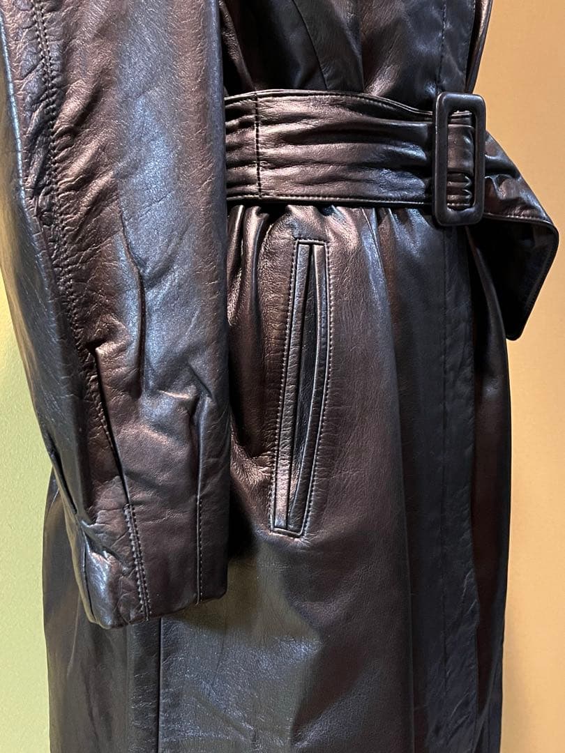 ミンク襟付 牛革スタンドカラー衿ロングコート（カーフレザー）