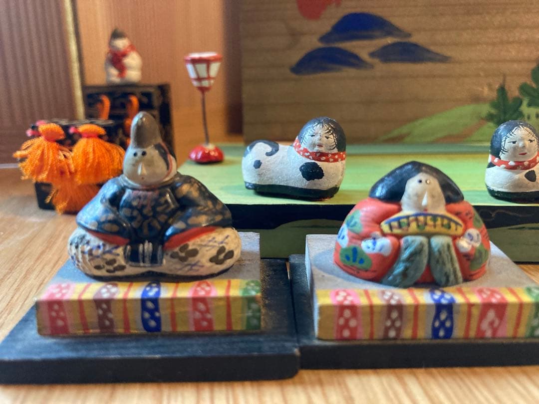 アンティークの小さな小さな雛人形セット、犬筥、雛道具