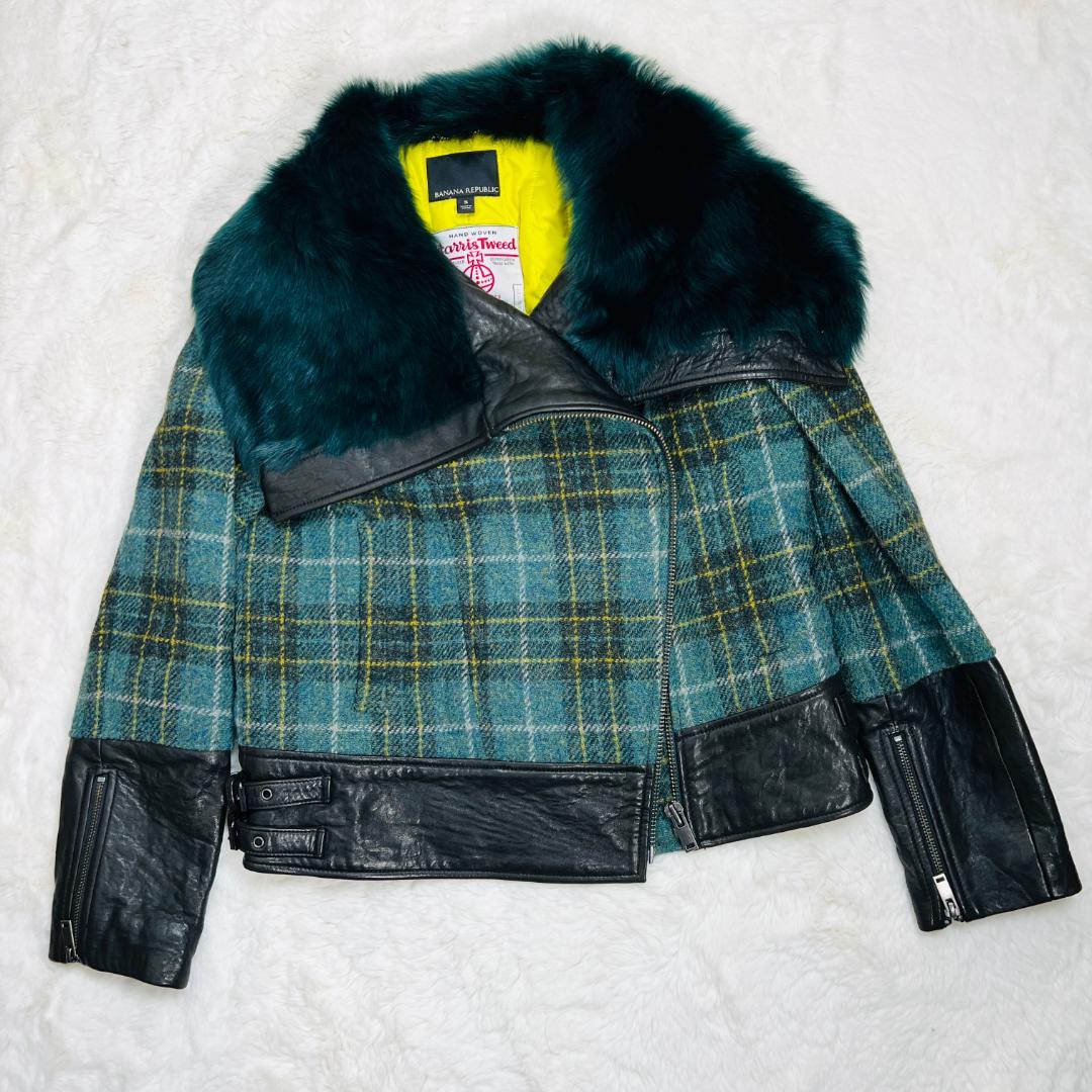 【ハリスツイード×バナナパブリック】ライダースジャケット　リアルファー　ラム革