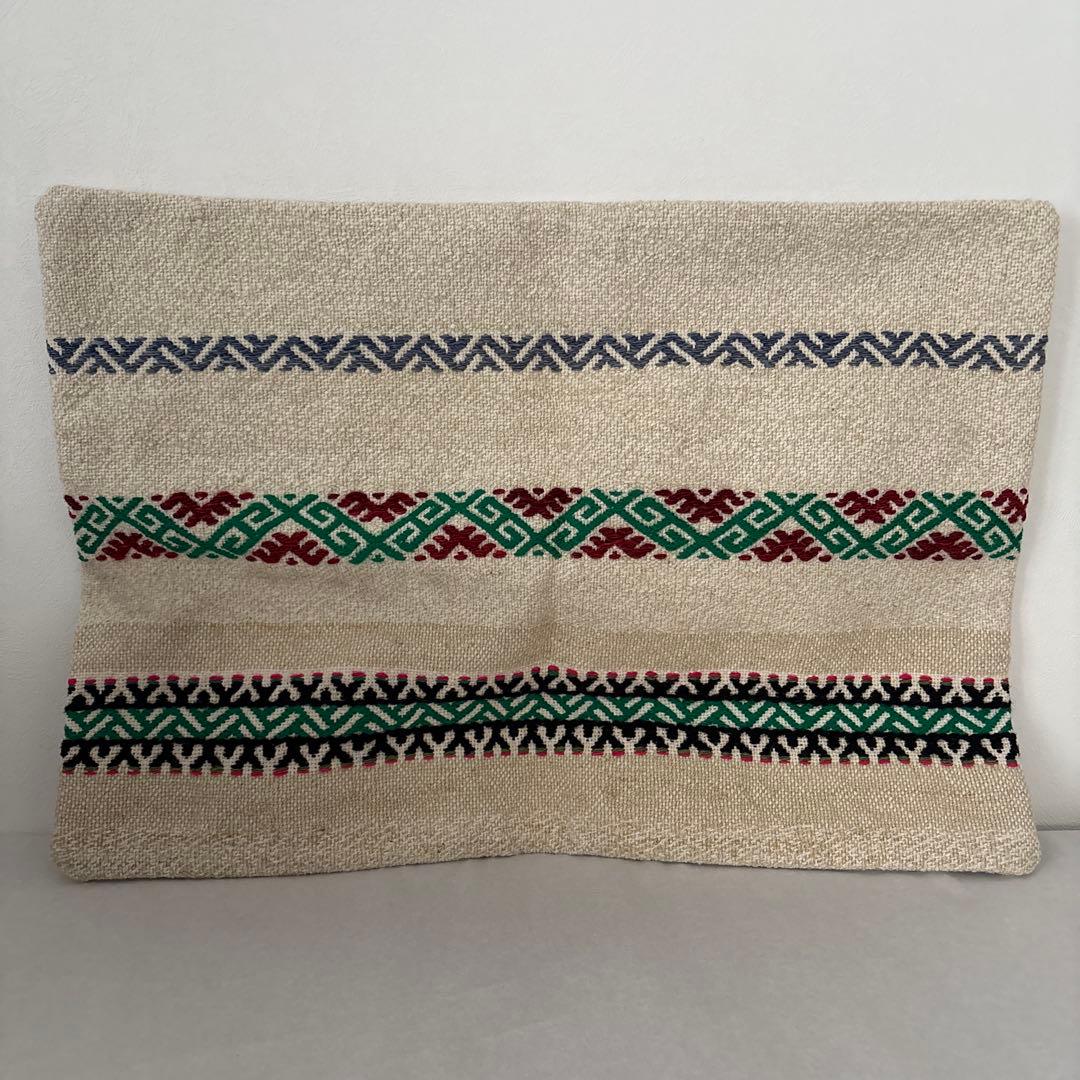 クッションカバー ベージュ 横長 キリム ストライプ