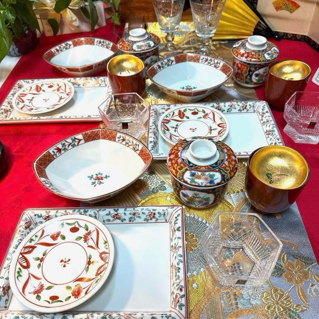 たち吉赤絵　菱型中鉢　角皿　茶碗蒸し　高台クリスタル　加賀金箔　No.3-32