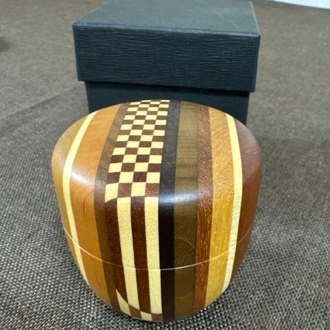【茶道具】【棗なつめ】箱根寄木細工中棗露木工房作（紙箱）箱根にて2年前購入