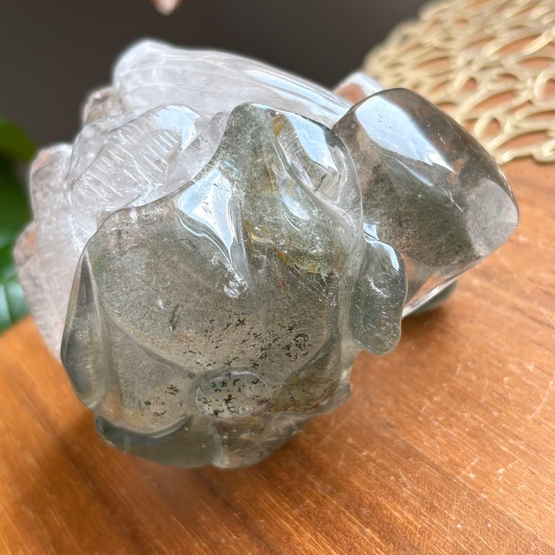 天然石 ブラジル産 グリーンガーデンクォーツ猫＆＆花＆きのこの置物459g