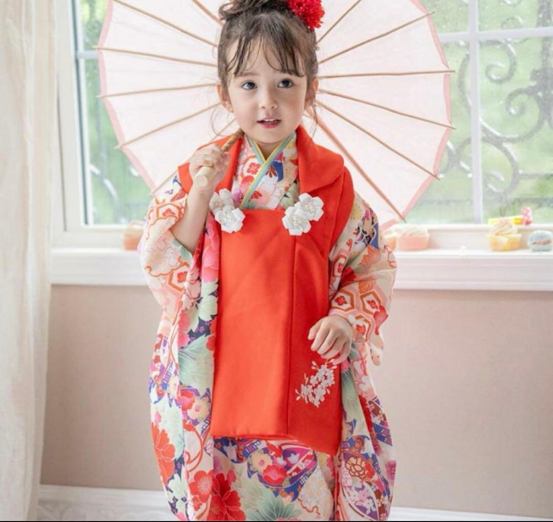 美品赤と花柄の着物ドレスセット（被布　長襦袢　着物）