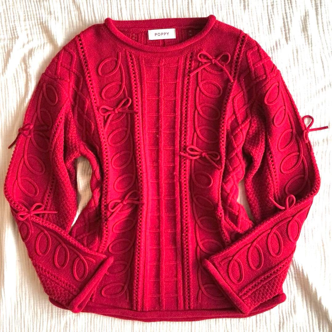 POPPY クルクル リボン ルーズニット 赤 Kurukuru ribbon