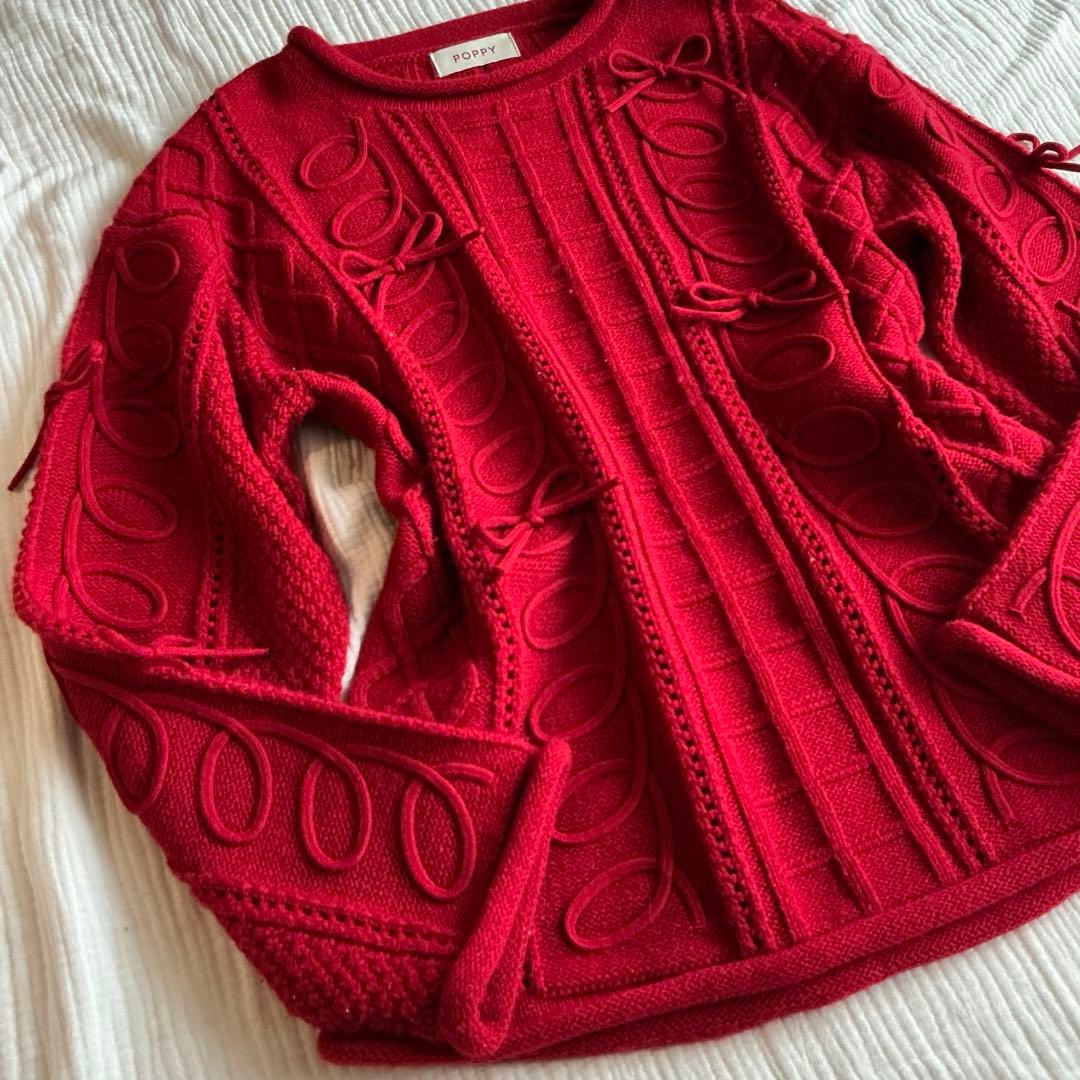 POPPY クルクル リボン ルーズニット 赤 Kurukuru ribbon