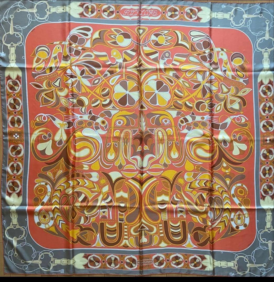 エルメス カレ140 FOLKLORE フォルクロール シルク オレンジ